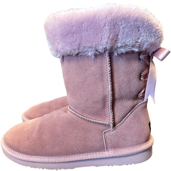 LAMO Audrey Pink Suede Bow Coquette Cozycore Shearling Fur Lined Winter Boots - Picture 1 of 11